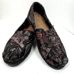Toms Classic Black Floral Leather Slip Ons Womens 8.5 Flats